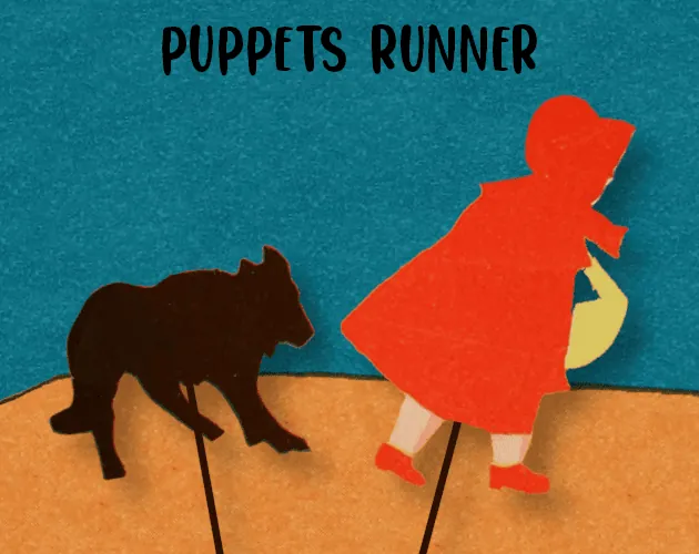 Puppets Runner cover art — a paper-cut wolf chasing Little Red Riding Hood