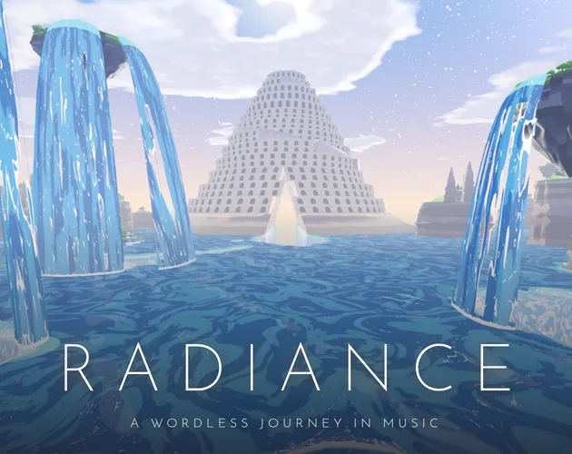 Radiance cover art — waterfalls pouring from floating isles around a white tower rising from a misty sea